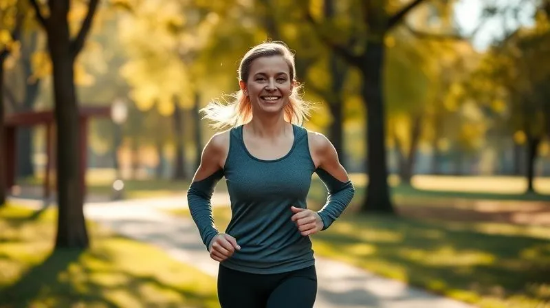 Photorealistic, professional photography, 8K, cinematic lighting, sharp focus, depth of field, shot on a high-end DSLR. A person in athletic wear taking a brisk walk outdoors in a park, sunlight filtering through trees. They are smiling, looking refreshed and energetic, with a subtle focus on their active movement. The scene conveys health and post-meal activity.
