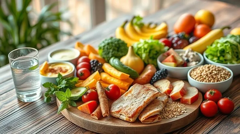 Photorealistic, professional photography, 8K, cinematic lighting, sharp focus, depth of field, shot on a high-end DSLR. A visually appealing spread of healthy, balanced food on a rustic wooden table, including fresh fruits, vegetables, lean protein, whole grains, and a glass of water. The composition is harmonious and inviting, representing a holistic approach to diet, with soft, natural light.