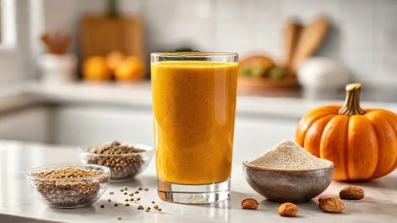 Photorealistic image of a vibrant, healthy pumpkin smoothie in a clear glass, surrounded by small bowls of key ingredients like chia seeds, flax seeds, a scoop of protein powder, and a few almonds. The background is a clean, minimalist kitchen counter with soft, natural light, emphasizing freshness and nutritional balance. Professional photography, 8K, cinematic lighting, sharp focus, depth of field, shot on a high-end DSLR.