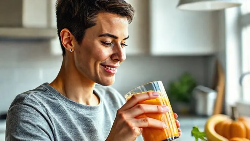 Photorealistic image of a person slowly sipping a vibrant pumpkin smoothie from a glass, with a serene and satisfied expression. The setting is a bright, modern kitchen, with soft natural light illuminating the scene. The focus is on the person and the smoothie, conveying a sense of mindful consumption and healthy enjoyment. 8K, professional photography, cinematic lighting, sharp focus, depth of field, shot on a high-end DSLR.