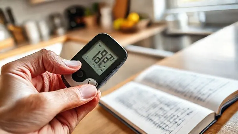 A photorealistic, close-up image of a hand holding a modern glucose monitor displaying a stable blood sugar reading, with a blurred background of a neatly organized kitchen counter. Beside it, an open journal with handwritten notes about food and energy levels. The lighting is bright and clean, emphasizing clarity and control. 8K, professional photography, cinematic lighting, sharp focus, depth of field, shot on a high-end DSLR.