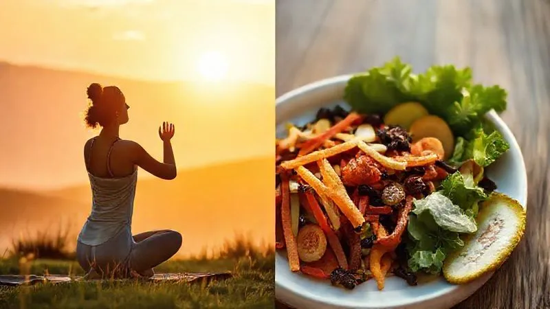 A photorealistic, serene image depicting a balanced lifestyle: one side shows a person practicing gentle yoga at sunrise, while the other side shows a healthy, balanced meal. The image is split, with soft, warm lighting on both sides, symbolizing harmony between mind, body, and nutrition. 8K, professional photography, cinematic lighting, sharp focus, depth of field, shot on a high-end DSLR, evoking feelings of peace, health, and equilibrium.