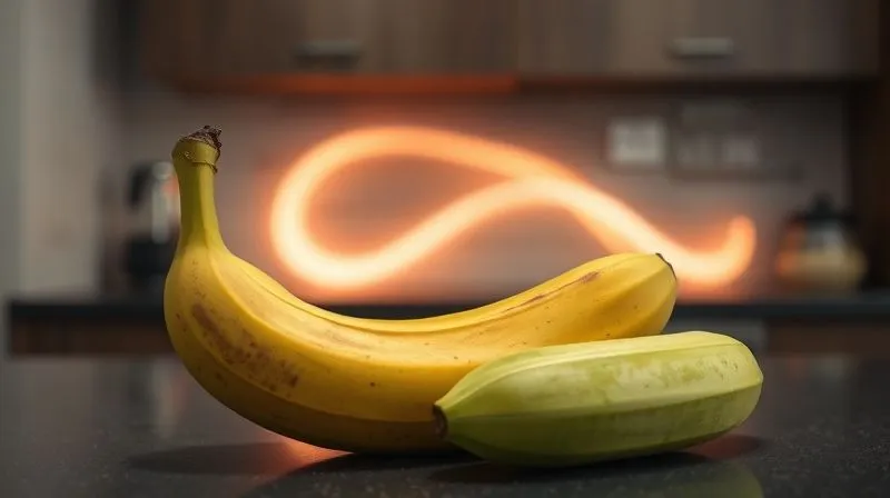 Photorealistic close-up of a ripe banana on a kitchen counter next to an unripe green banana, with a subtle, glowing, abstract representation of a blood sugar curve in the background, cinematic lighting, sharp focus on the bananas, depth of field, 8K hyper-detailed, professional photography.