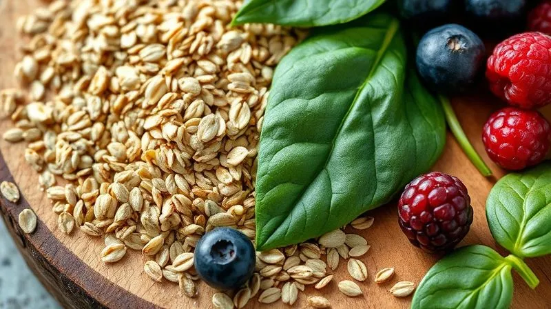 A photorealistic close-up of various fibrous ingredients: oats, chia seeds, spinach leaves, and berries, artfully arranged on a wooden board, with a soft, diffused light, sharp focus on the textures, depth of field, 8K hyper-detailed, professional photography.