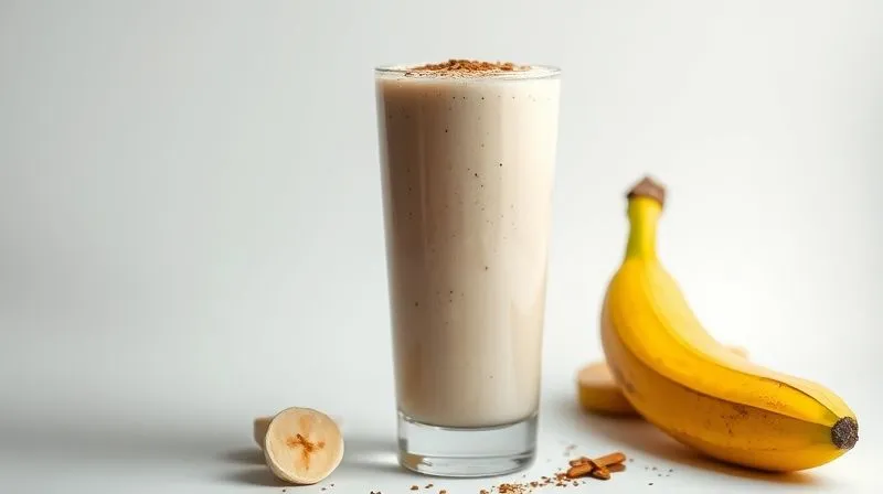 A professional studio shot of a perfectly blended, creamy banana smoothie in a tall glass, garnished with a sprinkle of cinnamon and a few chia seeds. A half-peeled, slightly green banana lies beside it. Cinematic lighting, sharp focus, depth of field, 8K hyper-detailed, professional photography.