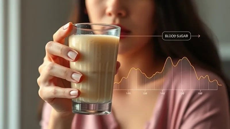 A photorealistic image of a person gently holding a glass of banana smoothie, looking thoughtful, with a subtle, futuristic interface overlay showing a stable blood sugar graph, emphasizing self-monitoring and personalization. Soft, natural light, sharp focus on the person and glass, depth of field, 8K hyper-detailed, professional photography.