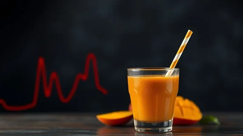 Photorealistic, professional photography, 8K, cinematic lighting, sharp focus, depth of field, shot on a high-end DSLR. A graphic representation of a blood sugar curve, showing a sharp spike and then a gradual, stable line, with a mango smoothie in the foreground, symbolizing the goal of stable energy.