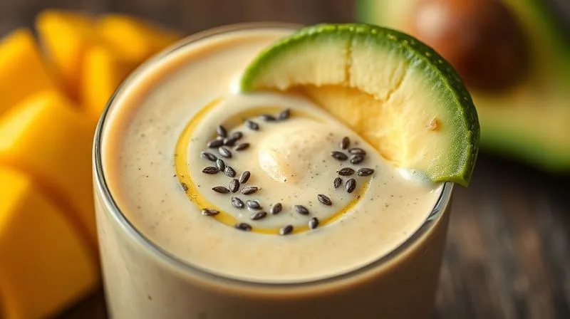 Photorealistic, professional photography, 8K, cinematic lighting, sharp focus, depth of field, shot on a high-end DSLR. A close-up of a creamy mango smoothie, with visible specks of chia seeds, a swirl of almond butter, and a slice of avocado on the rim, emphasizing healthy fat and fiber content.