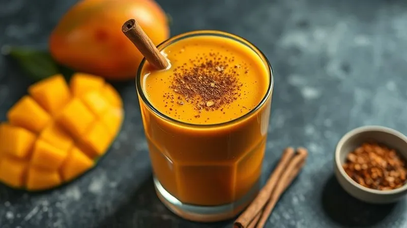 Photorealistic, professional photography, 8K, cinematic lighting, sharp focus, depth of field, shot on a high-end DSLR. A close-up of a mango smoothie with a sprinkle of cinnamon on top, next to a cinnamon stick and a small bowl of spices, suggesting a boost to metabolism and blood sugar control.