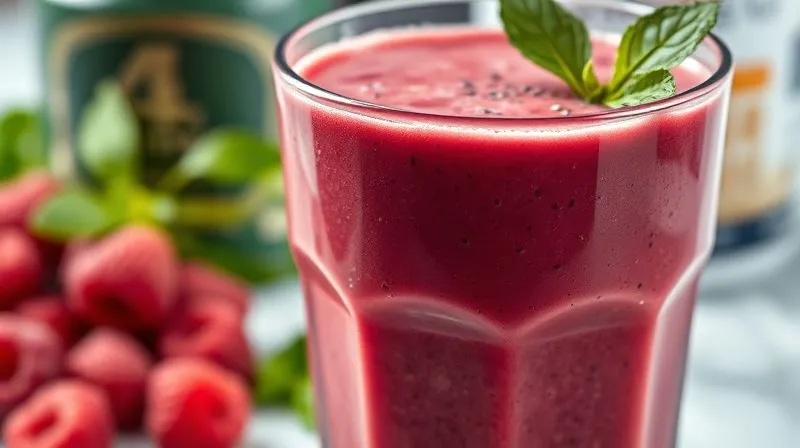 Photorealistic, professional photography, 8K, cinematic lighting, sharp focus, depth of field, shot on a high-end DSLR. A close-up of a glass of raspberry smoothie, with visible specks of chia seeds and finely blended green leaves, suggesting a nutrient-rich and balanced drink. The background shows blurred fresh raspberries and a container of protein powder, emphasizing healthy ingredients.