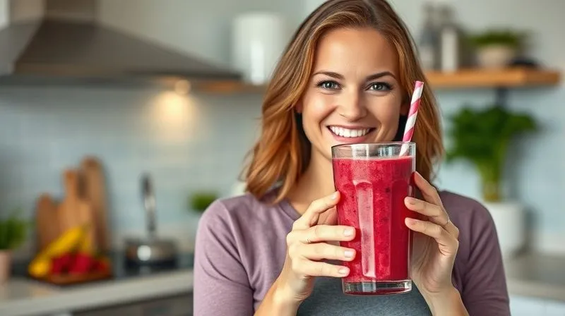 Photorealistic, professional photography, 8K, cinematic lighting, sharp focus, depth of field, shot on a high-end DSLR. A woman, mid-30s, smiling confidently while holding a glass of vibrant raspberry smoothie. She looks energetic and healthy, with a subtle glow, implying successful weight management and stable energy. The setting is a bright, modern kitchen.