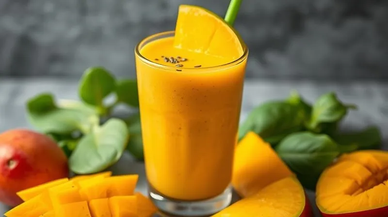 Photorealistic image of a vibrant mango smoothie with visible chia seeds and spinach, emphasizing healthy ingredients. Cinematic lighting, sharp focus, 8K.