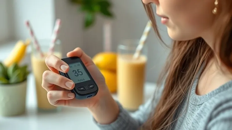Photorealistic image of a person checking their blood glucose monitor, with a healthy smoothie subtly in the background, emphasizing personal health management. Soft, natural light, sharp focus, 8K.