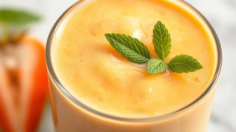 Photorealistic close-up of a perfectly blended, creamy mango smoothie, garnished with a few berries or mint leaves, emphasizing freshness and health. Professional food photography, 8K.