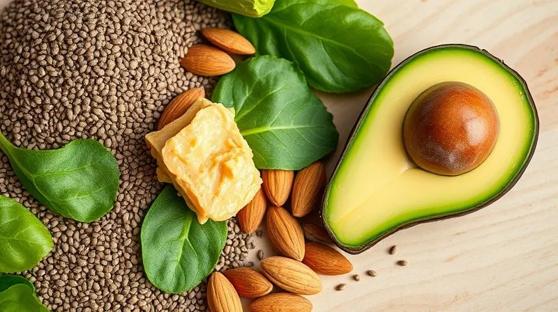 A close-up, photorealistic image of various healthy smoothie ingredients: chia seeds, almond butter, spinach, and a piece of avocado, artfully arranged on a light wooden background. Cinematic lighting, sharp focus on the textures, 8K hyper-detailed, shot on a high-end DSLR.