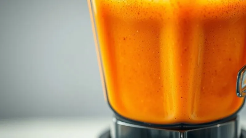 A photorealistic close-up of a high-speed blender in action, creating a vibrant orange carrot smoothie. The motion blur of the blades is visible, but the texture of the smoothie is still discernible. Cinematic lighting, sharp focus on the blending process, 8K hyper-detailed, shot on a high-end DSLR.