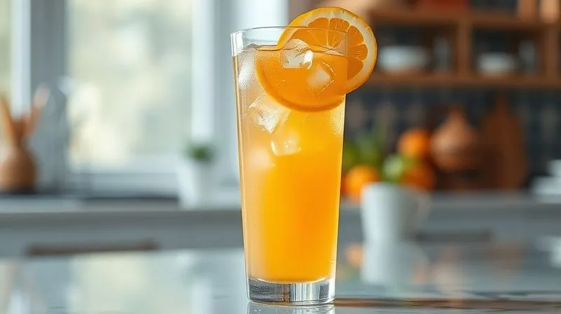 A close-up, photorealistic image of a tall, clear glass filled with a light orange, slightly diluted orange juice, with ice cubes and a slice of orange on the rim. The background is softly blurred, showing a bright, healthy kitchen environment. Cinematic lighting, sharp focus on the glass, depth of field, 8K hyper-detailed, professional photography, shot on a high-end DSLR, conveying freshness and conscious consumption.