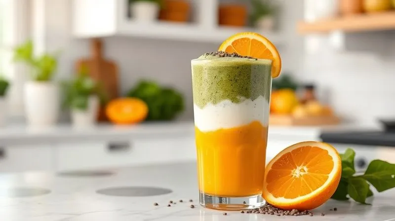 A vibrant, photorealistic smoothie in a clear glass, showing layers of orange, green (spinach), and white (yogurt), topped with fresh orange slices and chia seeds. The setting is a bright, healthy kitchen countertop. Cinematic lighting, sharp focus on the smoothie, depth of field, 8K hyper-detailed, professional photography, shot on a high-end DSLR, conveying health, flavor, and smart nutrition choices.
