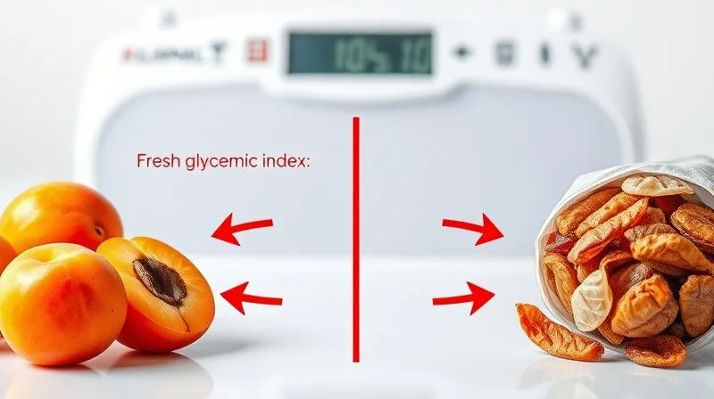 A photorealistic infographic displaying a clear distinction between fresh apricots (low glycemic index, vibrant color) and dried apricots (higher glycemic index, concentrated sugar), with arrows indicating their impact on blood sugar levels. The visual should be clean, scientific, and easy to understand, with a weight scale subtly in the background indicating weight management. Professional photography, 8K, cinematic lighting, sharp focus, depth of field, shot on a high-end DSLR.