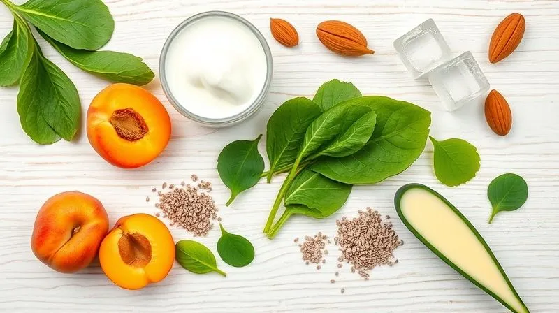 A photorealistic flat lay of various healthy smoothie ingredients: fresh apricots, spinach, chia seeds, Greek yogurt, almond butter, and a few ice cubes, arranged artfully on a light wooden background. The composition should suggest balance and nutrition. Professional photography, 8K, cinematic lighting, sharp focus on the ingredients, depth of field, shot on a high-end DSLR.