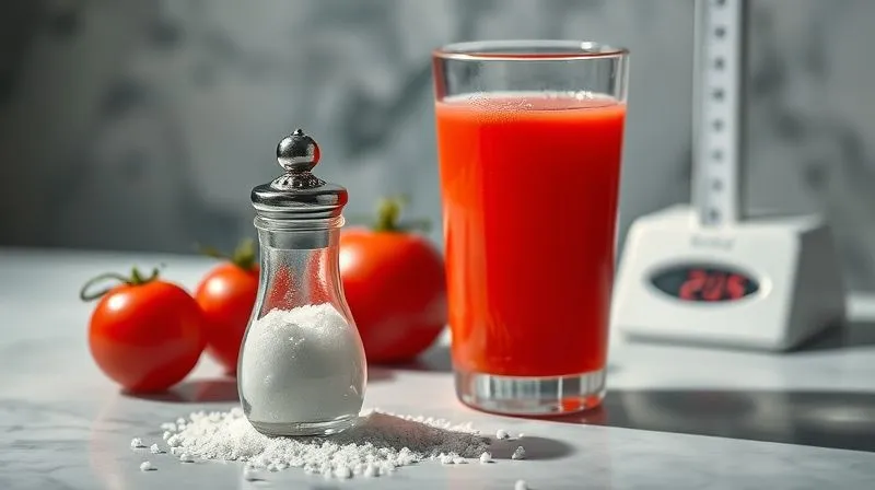 Photorealistic, professional photography, 8K, cinematic lighting, sharp focus, depth of field, shot on a high-end DSLR. A clear glass of vibrant red tomato juice with a small, elegant salt shaker overflowing with salt next to it, casting a long shadow. The scene evokes a sense of excessive sodium, with a scale in the blurred background showing an elevated number, symbolizing water retention and weight gain.