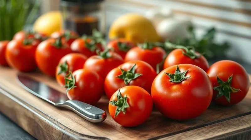 Photorealistic, professional photography, 8K, cinematic lighting, sharp focus, depth of field, shot on a high-end DSLR. A close-up of a vibrant assortment of fresh, ripe red tomatoes on a rustic wooden cutting board, with a chef's knife and a juicer in the soft background, ready for making homemade juice. The scene evokes freshness, health, and a sense of preparation.
