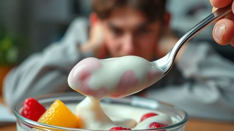 A close-up, photorealistic, professional photography, 8K, cinematic lighting, sharp focus, depth of field, shot on a high-end DSLR of a spoon digging into a highly sugary, fruit-flavored yogurt, with a blurred background of a person looking tired and unfocused at a desk. The image should evoke a sense of a quick energy spike followed by a crash, with bright, artificial colors in the yogurt contrast with a dull, tired expression.