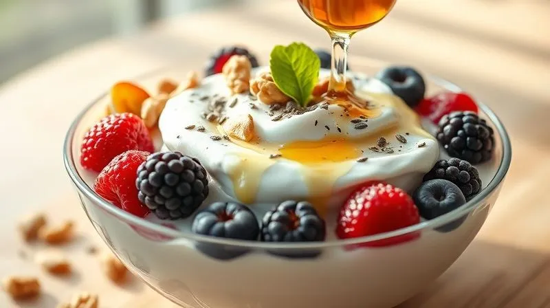 A photorealistic, professional photography, 8K, cinematic lighting, sharp focus, depth of field, shot on a high-end DSLR of a perfectly balanced breakfast bowl, featuring a base of thick Greek yogurt, topped with vibrant berries, crunchy walnuts, chia seeds, and a drizzle of honey. The composition is artful and appetizing, emphasizing health and energy. Natural light illuminates the scene, highlighting the textures and colors.