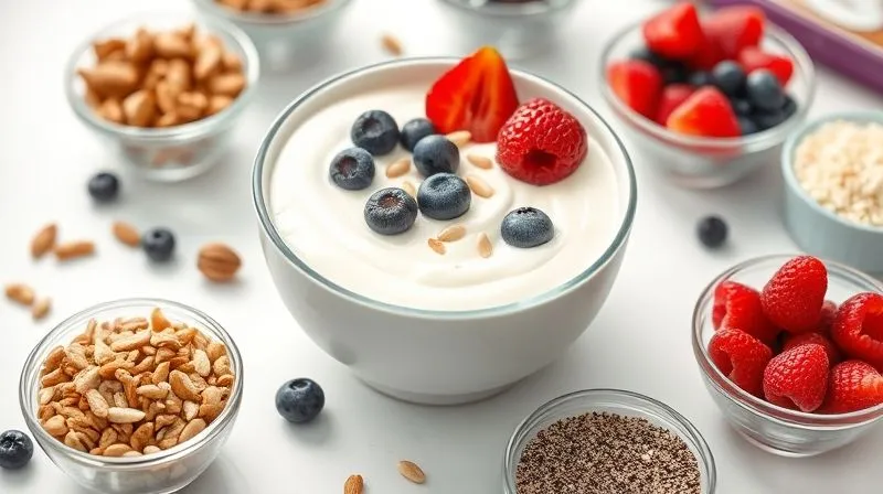 A photorealistic, professional photography, 8K, cinematic lighting, sharp focus, depth of field, shot on a high-end DSLR of a perfectly portioned and colorful bowl of a healthy yogurt breakfast, surrounded by individual small bowls of ingredients like fresh berries, mixed nuts, chia seeds, and protein powder, highlighting the 'build-your-own' concept. The image should convey a sense of control, health, and deliciousness, with a bright, inviting atmosphere.