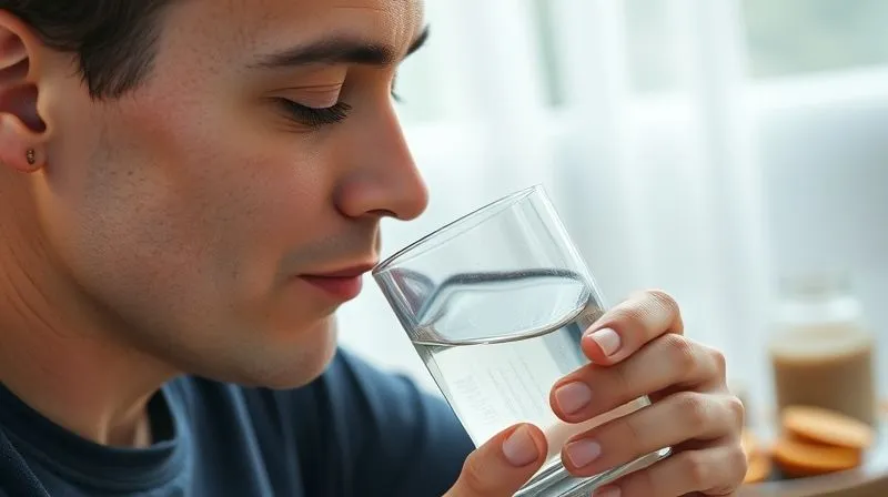 A photorealistic, professional photography, 8K, cinematic lighting, sharp focus, depth of field, shot on a high-end DSLR of a person taking a mindful sip of water from a clear glass, with soft morning light illuminating their calm face. In the background, a blurred, minimalist breakfast setting suggests a peaceful start to the day. The image should convey tranquility, hydration, and a sense of well-being.