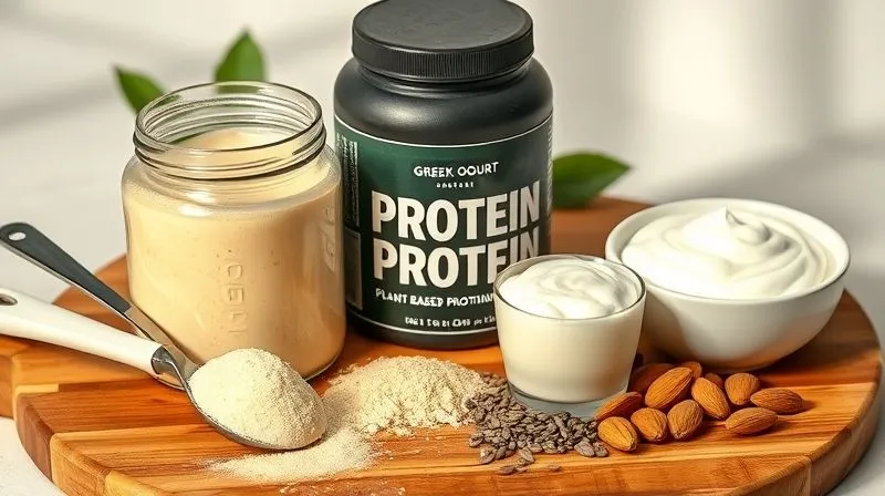 Photorealistic, professional photography of various protein sources for smoothies: a scoop of whey protein powder next to a container of plant-based protein powder, a bowl of Greek yogurt, and a handful of almonds and chia seeds, all arranged aesthetically on a wooden board with soft, natural light. 8K, cinematic lighting, sharp focus, depth of field, shot on a high-end DSLR.