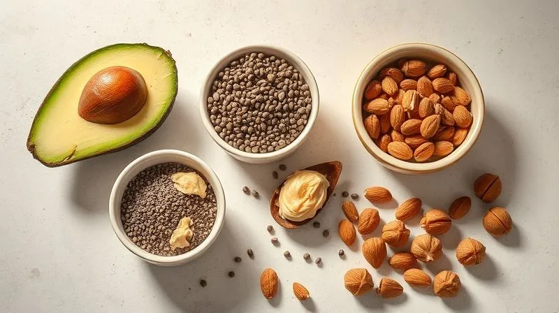 Photorealistic, professional photography of various healthy fat sources for smoothies: a halved avocado, a small bowl of chia seeds, a spoonful of almond butter, and a scattering of walnuts on a light-colored, textured background. The scene is illuminated with soft, warm light, emphasizing the natural textures. 8K, cinematic lighting, sharp focus, depth of field, shot on a high-end DSLR.