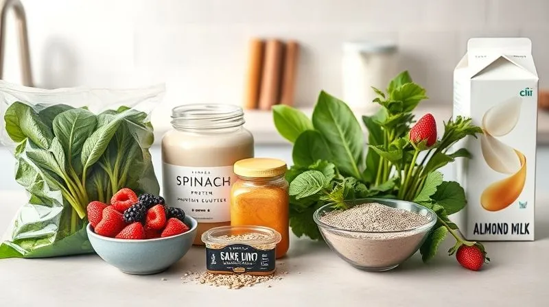 A photorealistic, professional photography shot of all the key ingredients for a balanced smoothie laid out on a clean, light-colored kitchen counter: a bag of spinach, a container of protein powder, a jar of almond butter, a bowl of mixed berries, a handful of chia seeds, and a carton of unsweetened almond milk. The ingredients are artfully arranged, suggesting preparation and balance, with soft, diffused lighting. 8K, cinematic lighting, sharp focus on the ingredients, depth of field blurring the background, shot on a high-end DSLR.