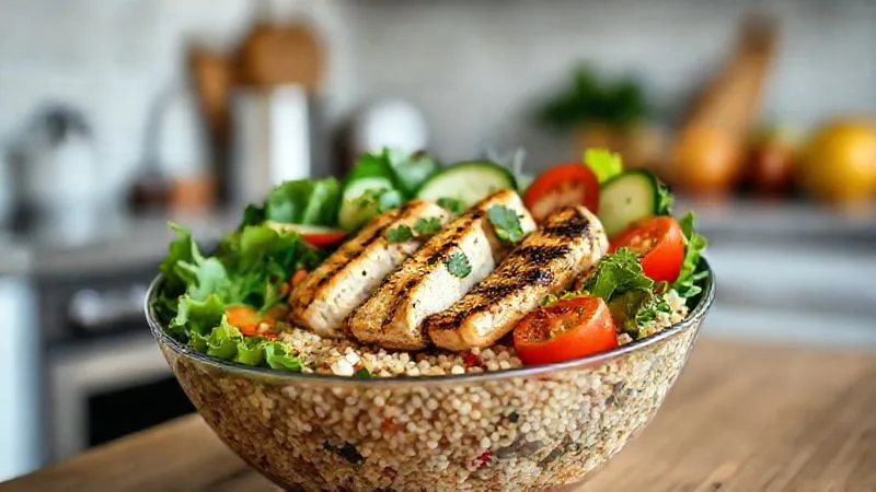 A photorealistic, professional photography shot of a perfectly balanced, vibrant quinoa bowl with grilled chicken, mixed greens, cherry tomatoes, cucumber, and a light vinaigrette. Cinematic lighting highlights the freshness of the ingredients, sharp focus on the bowl, depth of field blurring a clean kitchen background. 8K hyper-detailed.