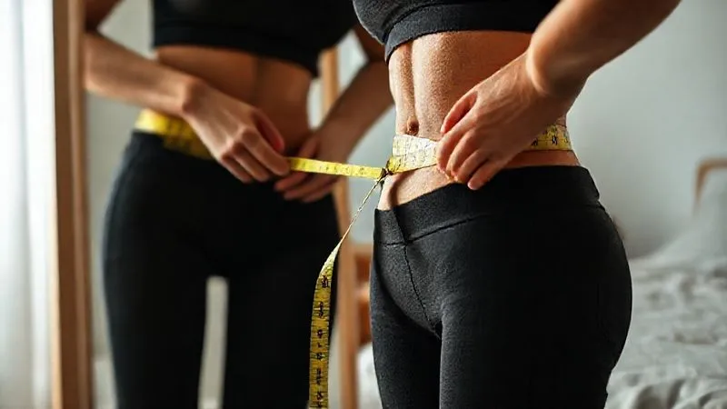 A photorealistic, professional photography shot of a person measuring their waist with a tape measure, standing in front of a mirror. The background is a clean, minimalist bedroom. Cinematic lighting, sharp focus on the hands and tape measure, subtle depth of field. 8K hyper-detailed, showing determination and progress.