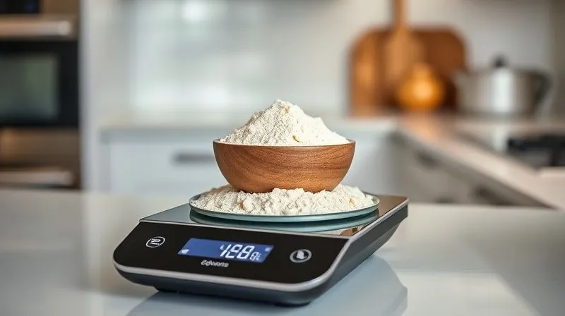 A professional photography shot of a sleek, modern digital kitchen scale with a bowl of blanched almond flour on it, displaying an exact measurement in grams. The background is a clean, minimalist kitchen counter with soft, natural lighting, sharp focus on the scale and flour, depth of field blurring the background, 8K hyper-detailed, shot on a high-end DSLR.