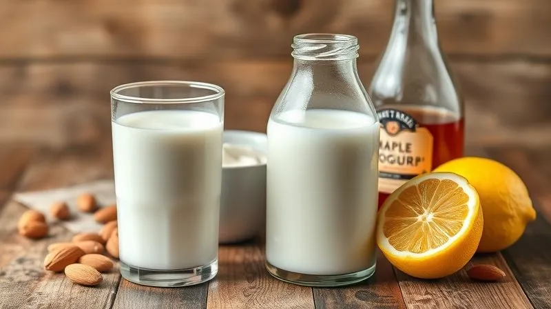 A photorealistic, professional photography image showcasing an array of liquid ingredients for baking: a glass of almond milk, a bowl of natural Greek yogurt, a bottle of pure maple syrup, and a freshly squeezed lemon, all arranged aesthetically on a rustic wooden table with soft, warm lighting. Sharp focus on the liquids, depth of field blurring the background, 8K hyper-detailed, shot on a high-end DSLR.