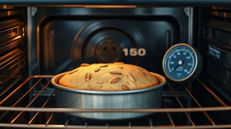 A photorealistic, professional photography shot of an oven interior, showing a gluten-free almond flour cake baking in a light-colored metal pan. An analog oven thermometer is clearly visible on the rack, displaying an accurate temperature. Cinematic lighting from inside the oven, sharp focus on the cake and thermometer, depth of field blurring the rest of the oven interior, 8K hyper-detailed, shot on a high-end DSLR.