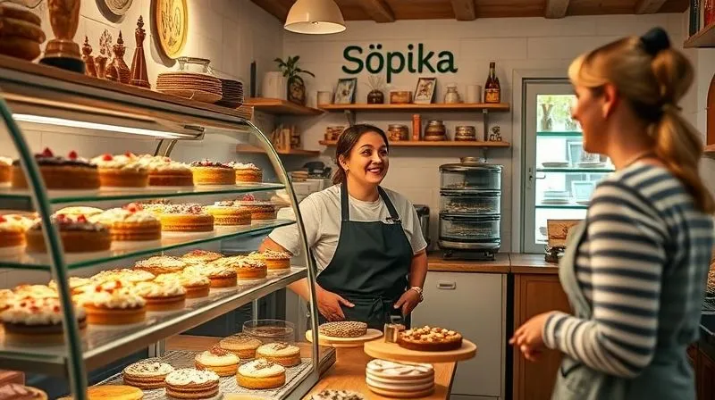A photorealistic, professional photography image of a small, charming bakery interior called 'S?odka Chwila', with a display case full of perfectly moist and visually appealing gluten-free almond flour cakes and pastries. A smiling baker is talking to a happy customer. Cinematic lighting, sharp focus on the display and people, depth of field blurring the background, 8K hyper-detailed, shot on a high-end DSLR.