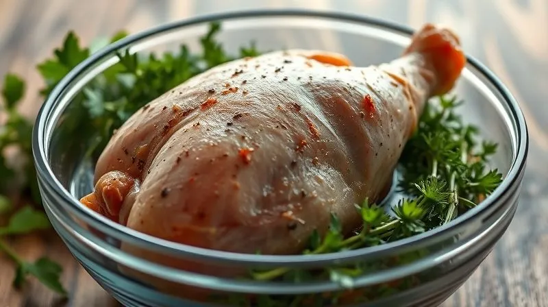 Photorealistic image of a turkey breast marinating in a glass bowl, surrounded by fresh herbs and spices, cinematic lighting, sharp focus on the meat, depth of field blurring the background.