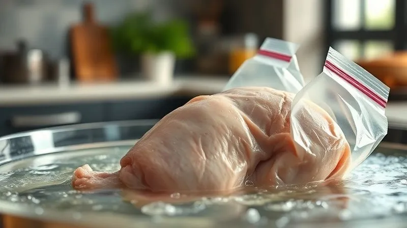 Photorealistic image of a turkey breast being cooked sous-vide in a water bath, with gentle bubbles, sharp focus on the vacuum-sealed pouch, soft ambient light, depth of field blurring the background of a modern kitchen.