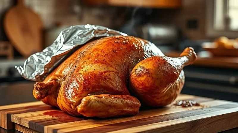 Photorealistic image of a perfectly roasted turkey breast resting on a cutting board, loosely tented with foil, steam gently rising, rich brown crust, cinematic lighting, sharp focus on the meat, depth of field blurring a rustic kitchen background.