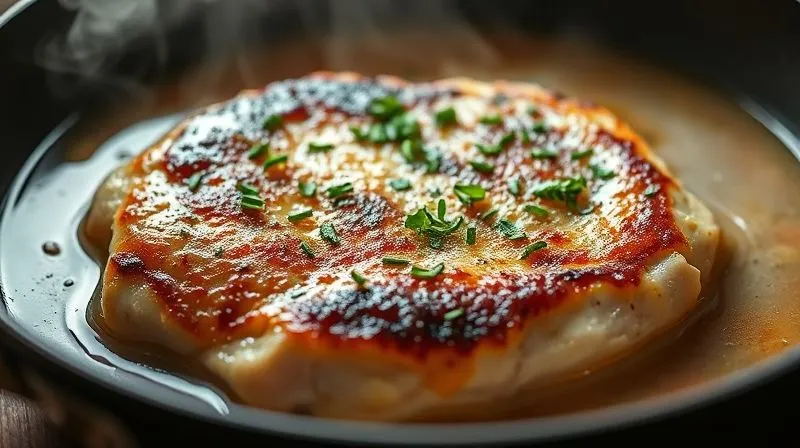 A photorealistic image of a turkey cutlet gently simmering in a rich, light sauce in a pan, with fresh herbs sprinkled on top. Steam is visibly rising, creating an appetizing and moist atmosphere. Cinematic lighting, sharp focus, depth of field, 8K, shot on a high-end DSLR.