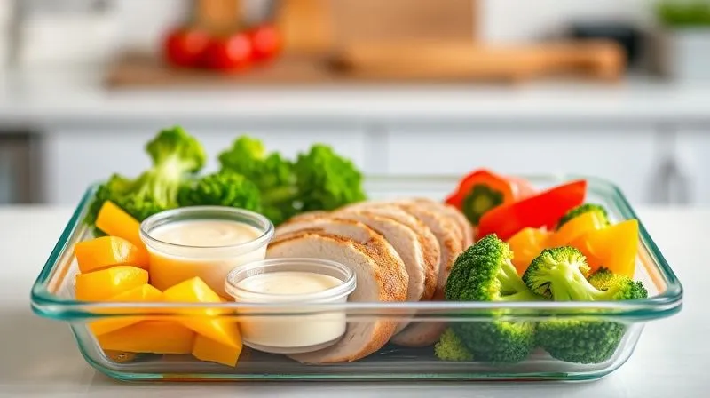 A perfectly organized, professional diet lunchbox featuring a moist, sliced turkey cutlet, a small container of light, creamy sauce, and vibrant, fresh-cut vegetables like bell peppers and broccoli florets. The lunchbox is made of glass, reflecting the light. Clean, bright kitchen counter background. Photorealistic, 8K, cinematic lighting, sharp focus, depth of field, shot on a high-end DSLR.