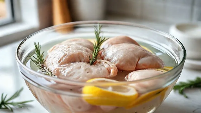Photorealistic, professional photography shot of raw chicken breasts soaking in a clear glass bowl filled with a light brine solution, visible herbs (rosemary, thyme) and lemon slices, in a clean, minimalist kitchen setting. Cinematic lighting, sharp focus on the chicken, depth of field blurring the background. 8K hyper-detailed, shot on a high-end DSLR.