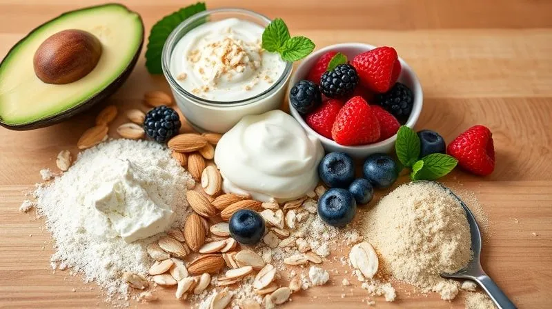Photorealistic close-up of various ingredients for a protein dessert laid out on a clean wooden table: ripe avocado, Greek yogurt, almond flour, fresh berries, and a scoop of vanilla protein powder. Soft, natural lighting, sharp focus on textures. Professional photography, 8K, depth of field, shot on a high-end DSLR.