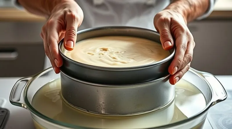 Photorealistic image of a professional baker's hands gently placing a springform pan filled with protein cheesecake batter into a larger baking dish with water (bain-marie). Steam subtly rises, cinematic kitchen lighting. Sharp focus on the hands and pan, depth of field. Professional photography, 8K, shot on a high-end DSLR.