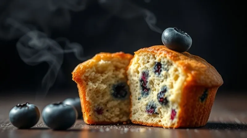 Photorealistic image of a beautifully presented, moist protein muffin, cut in half to reveal its tender, fluffy interior. Steam subtly rises from the warm muffin. Garnished with a single fresh blueberry. Cinematic lighting, sharp focus on texture. Professional photography, 8K, depth of field, shot on a high-end DSLR.
