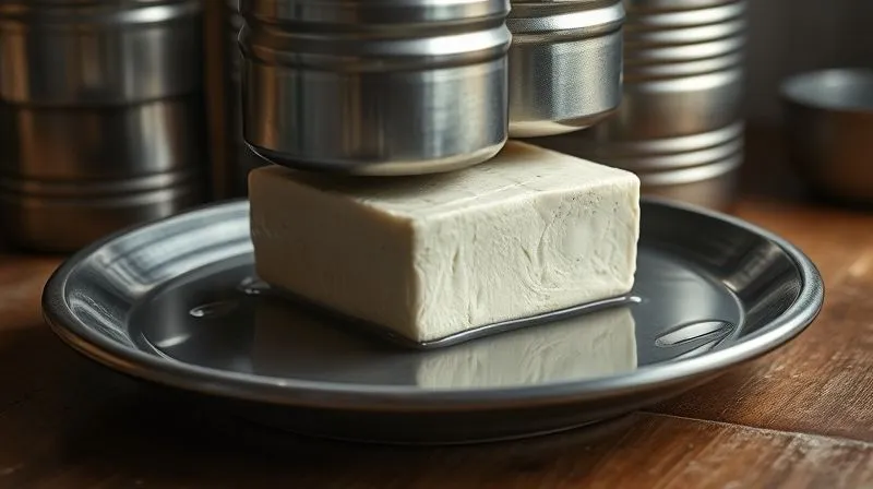 A close-up, photorealistic image of a block of extra-firm tofu being pressed between two plates, weighted down by several heavy cans, with a visible pool of water collecting on the plate. Cinematic lighting, sharp focus on the tofu and weights, depth of field blurring the background, 8K hyper-detailed.