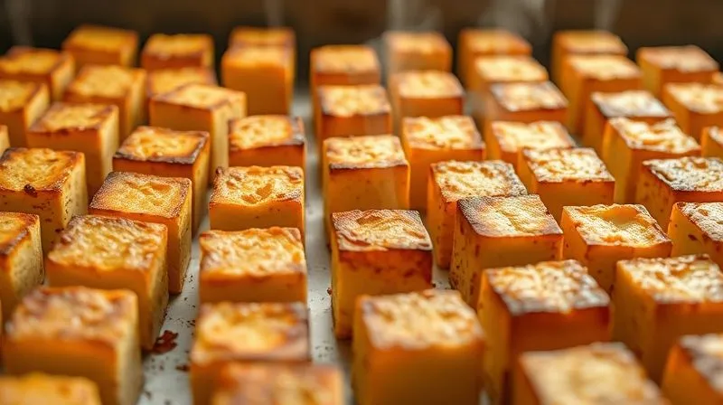 A photorealistic image of a baking sheet filled with perfectly golden-brown, crispy-edged baked tofu cubes, evenly spaced, fresh out of the oven. Steam is gently rising from the tofu. Cinematic lighting, sharp focus on the texture of the tofu, depth of field blurring the background, 8K hyper-detailed.
